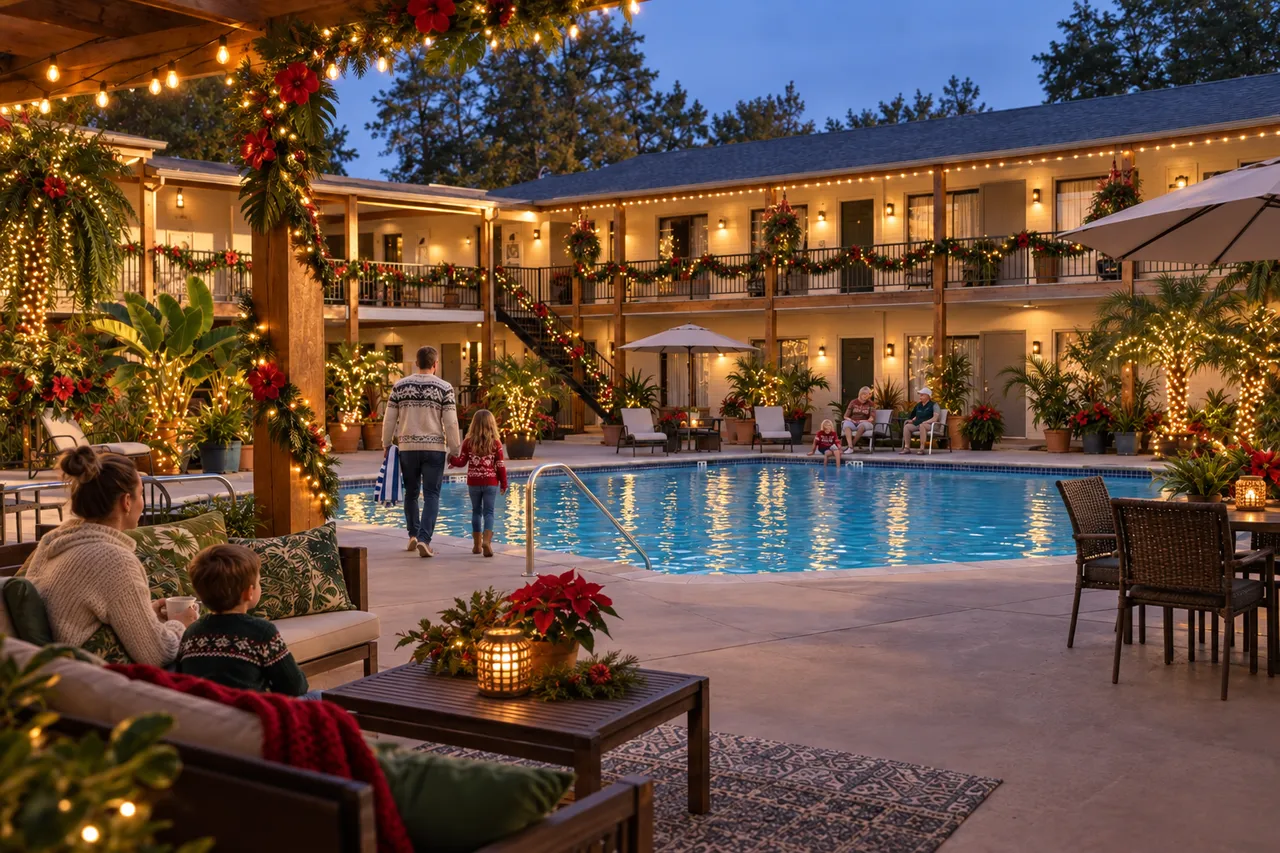 Concept illustration of a courtyard decorated for Hawaiian Christmas.